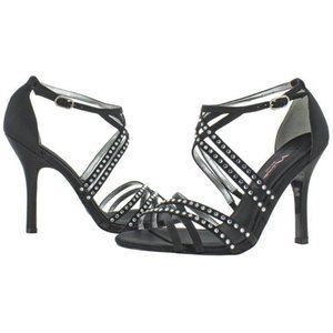 NINA LEONARD HEELS Crysten Satin Jeweled Black Sz 8 High Heel Rhinestone Sandals